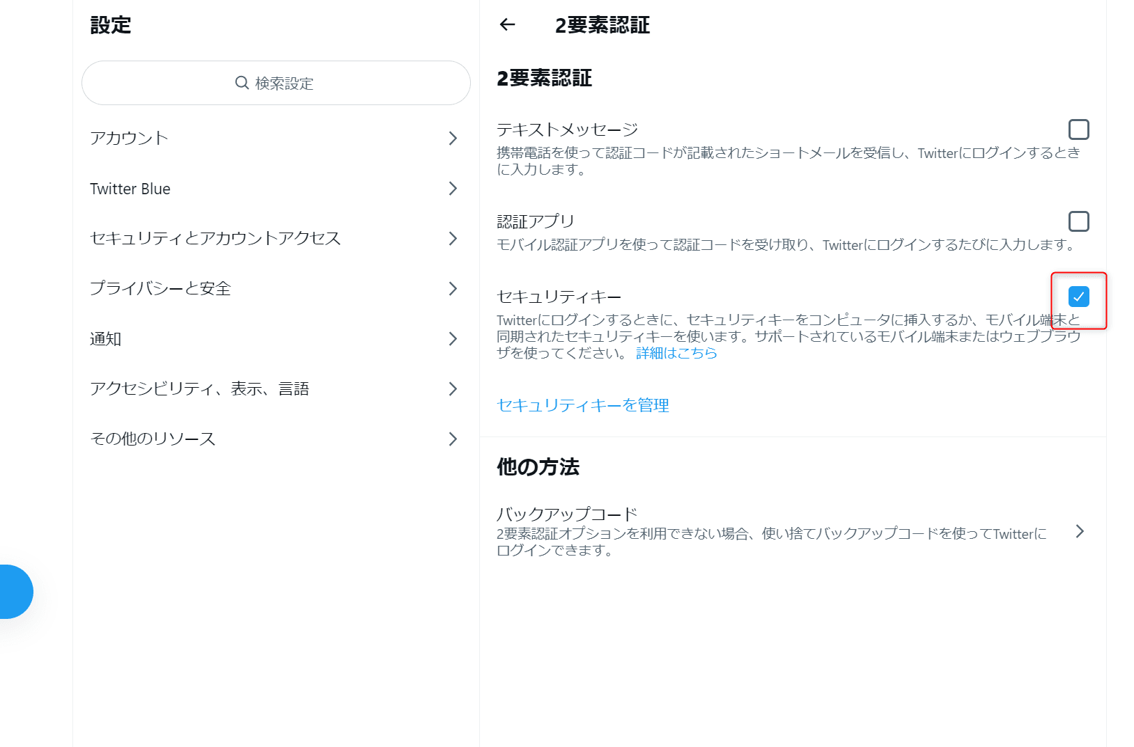 セキュリティキーにチェック済み